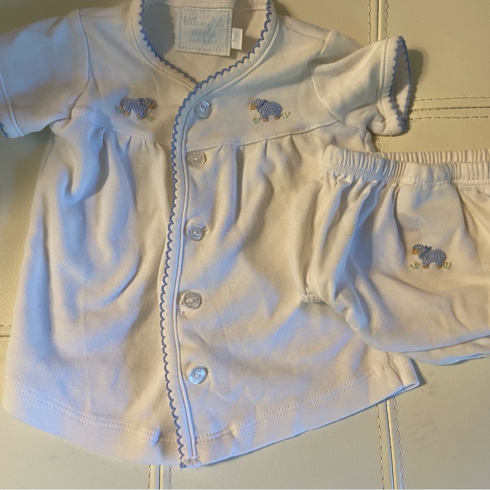 Little English Layette diaper set with blue sheep, 3m